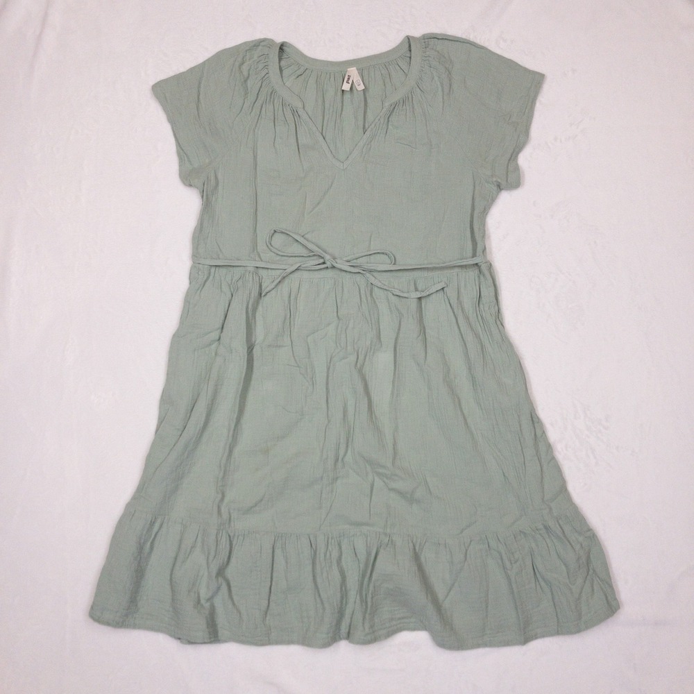 Pact Gauze Dress Womens Large Sage Green Organic Cotton Tiered Midi Pockets